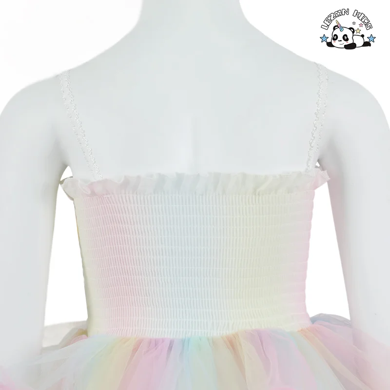 LEZONKIDS - Vestidos novos de boutique de verão para meninas, saia de tule até o joelho, vestidos para festa de aniversário, princesa doce, vestidos coloridos arco-íris para meninas